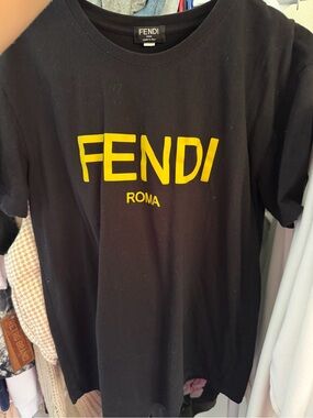 Fendi Roma Unisex Black Logo T-Shirt with Yellow Print